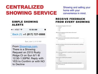 CENTRALIZED
SHOWING SERVICE
SIMPLE SHOWING
ALERTS
RECEIVE FEEDBACK
FROM EVERY SHOWING
Showing and selling your
home with your
convenience in mind.
 