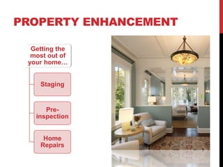 Getting the
most out of
your home…
Staging
Pre-
inspection
Home
Repairs
PROPERTY ENHANCEMENT
 