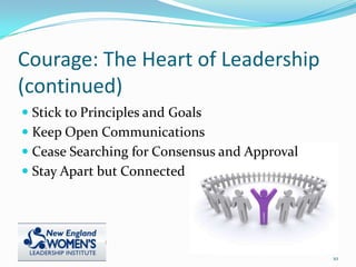  Stick to Principles and Goals
 Keep Open Communications
 Cease Searching for Consensus and Approval
 Stay Apart but Connected
Courage: The Heart of Leadership
(continued)
10
 