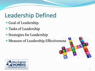 Leadership Defined
 Goal of Leadership
 Tasks of Leadership
 Strategies for Leadership
 Measure of Leadership Effectiveness
3
 