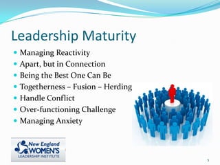 Leadership Maturity
 Managing Reactivity
 Apart, but in Connection
 Being the Best One Can Be
 Togetherness – Fusion – Herding
 Handle Conflict
 Over-functioning Challenge
 Managing Anxiety
5
 
