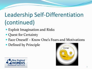 Leadership Self-Differentiation
(continued)
 Exploit Imagination and Risks
 Quest for Certainty
 Face Oneself – Know One’s Fears and Motivations
 Defined by Principle
7
 
