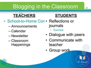 Blogging in the Classroom TEACHERS School-to-Home Communication Announcements Calendar Newsletter Classroom Happenings STUDENTS Reflections or journals Example Dialogue with peers Communicate with teacher Group work 