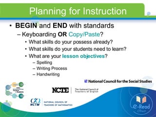 Planning for Instruction BEGIN  and  END  with standards Keyboarding  OR   Copy/Paste ? What skills do your possess already? What skills do your students need to learn? What are your  lesson objectives ? Spelling Writing Process Handwriting 