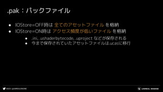 #UE4 | @UNREALENGINE
.pak：パックファイル
● IOStore=OFF時は 全てのアセットファイル を格納
● IOStore=ON時は アクセス頻度が低いファイル を格納
● .ini, .ushaderbytecode, .uproject などが保存される
● 今まで保存されていたアセットファイルは.ucasに移行
 