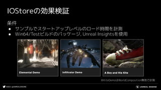 #UE4 | @UNREALENGINE
IOStoreの効果検証
条件
● サンプルでスタートアップレベルのロード時間を計測
● Win64/Testビルドのパッケージ, Unreal Insightsを使用
※KiteDemoはWorldComposition無効で計測
 