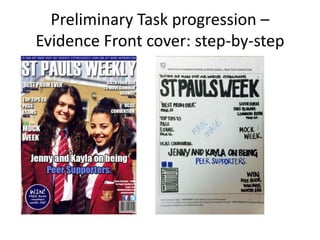 Preliminary Task progression –
Evidence Front cover: step-by-step
 