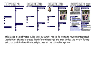 This is also a step by step guide to show what I had to do to create my contents page; I
used simple shapes to create the different headings and then added the picture for my
editorial, and similarly I included pictures for the story about prom.
 