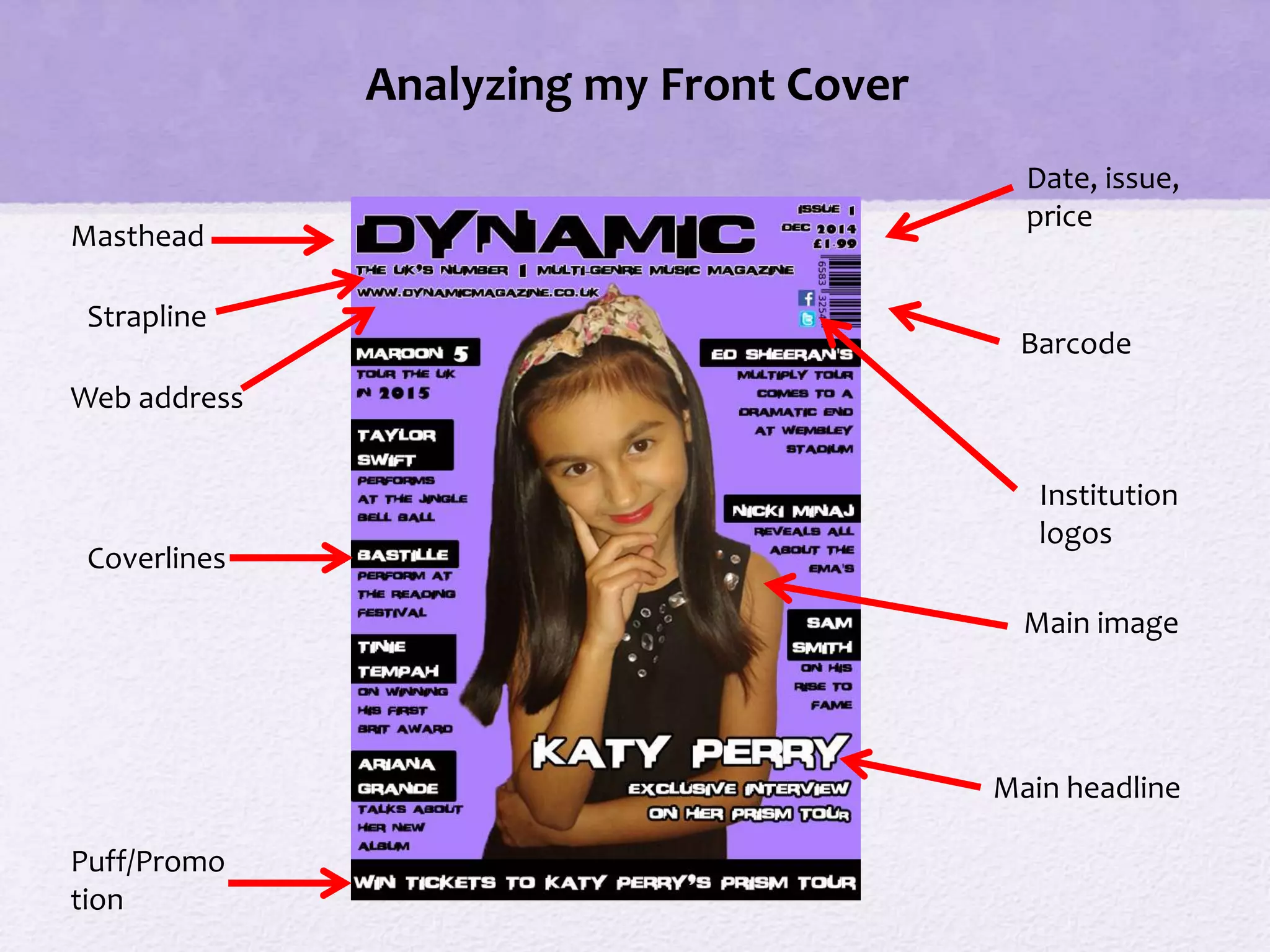 Analyzing my Front Cover
Masthead
Coverlines
Puff/Promo
tion
Strapline
Web address
Date, issue,
price
Barcode
Institution
logos
Main image
Main headline
 