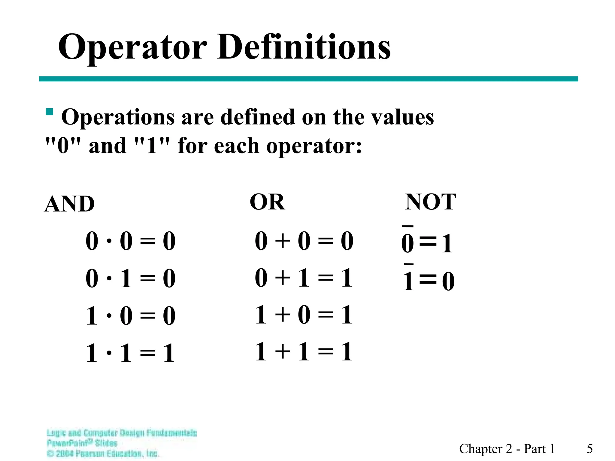 Chapter 2 - Part 1 5
Operator Definitions
 Operations are defined on the values
"0" and "1" for each operator:
AND
0 · 0 = 0
0 · 1 = 0
1 · 0 = 0
1 · 1 = 1
OR
0 + 0 = 0
0 + 1 = 1
1 + 0 = 1
1 + 1 = 1
NOT
1
0
0
1
 