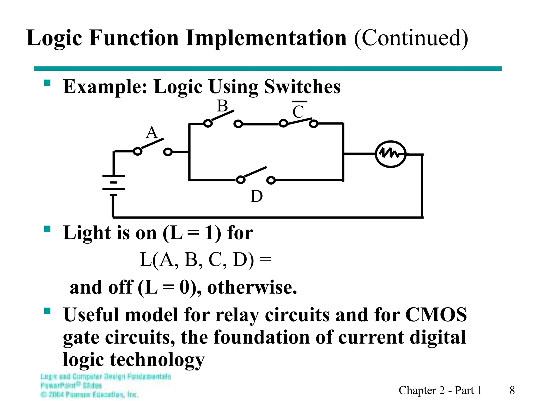 Chapter 2 - Part 1 8
 Example: Logic Using Switches
 Light is on (L = 1) for
L(A, B, C, D) =
and off (L = 0), otherwise.
 Useful model for relay circuits and for CMOS
gate circuits, the foundation of current digital
logic technology
Logic Function Implementation (Continued)
B
A
D
C
 
