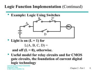Chapter 2 - Part 1 8
 Example: Logic Using Switches
 Light is on (L = 1) for
L(A, B, C, D) =
and off (L = 0), otherwise.
 Useful model for relay circuits and for CMOS
gate circuits, the foundation of current digital
logic technology
Logic Function Implementation (Continued)
B
A
D
C
 