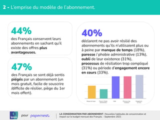 47%
des Français se sont déjà sentis
piégés par un abonnement (un
mois gratuit, facile de souscrire
/difﬁcile de résilier, piège du 1er
mois offert).
44%
des Français conservent leurs
abonnements en sachant qu’il
existe des offres plus
avantageuses.
2 - L’emprise du modèle de l’abonnement.
40%
déclarent ne pas avoir résilié des
abonnements qu’ils n’utilisaient plus ou
à peine par manque de temps (18%),
paresse / phobie administrative (13%),
oubli de leur existence (31%),
processus de résiliation trop compliqué
(31%) ou période d’engagement encore
en cours (33%).
LA CONSOMMATION PAR ABONNEMENT : Nouvelles habitudes de consommation et
impact sur le budget mensuel des Français. - Septembre 2021
pour
Manque de temps Paresse / Phobie
administrative
Oubli Processus trop
compliqué
Engagement
en cours
 