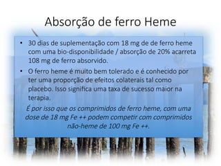 Absorção de ferro Heme 
•  30 dias de suplementação com 18 mg de de ferro heme
com uma bio-disponibilidade / absorção de 20% acarreta
108 mg de ferro absorvido. 
•  O ferro heme é muito bem tolerado e é conhecido por
ter uma proporção de efeitos colaterais tal como
placebo. Isso signiﬁca uma taxa de sucesso maior na
terapia. 
É por isso que os comprimidos de ferro heme, com uma
dose de 18 mg Fe ++ podem compe7r com comprimidos
não-heme de 100 mg Fe ++. 
 