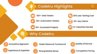 Why Codetru
Experience & Expertise
Quality of Service
Innovative Approach
Strong Market Sense Competitive Pricing
Faster Resource Turnaround
60+ Successful Projects
30% Less Testing Cost
9+ Industries Served
50+ Automation Testers 30+ Key Clients
100+ Total Testers
Codetru Highlights
 
