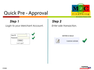 Quick 
Application 
Process 
Step 3 Step 4 
The business owner faxes or 
uploads the client’s signed 
agreement along with the invoice. 
The business owner receives upfront 
funding of up to $3,500 within 48 Hrs. 
© 
2014 
 