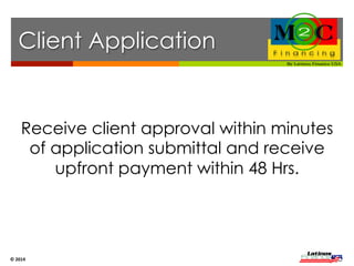 How 
It 
Works 
We can provide the business 
owner with a web enabled 
prequalification form that can 
be placed on the business’ 
website complete with the 
business’ name, address, and 
logo. 
The client can click on the pre-approval 
link and see the form 
pictured to the left. 
They'll answer a few simple 
questions to determine their 
spending limit. 
© 
2014 
 