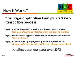 How 
It 
Works? 
One page application form plus a 3 step 
transaction process! 
Step 1. Client chooses the product / service and then the business owner asks: 
Can you afford to pay for this within the next 12 months? 
Step 2. The business owner receives the client approval within minutes. 
“Fast and Easy” 
Step 3. The business owner receives funds within 48 Hrs. 
A new sale that would not have otherwise existed! 
…And business increases its sales over 30%! 
© 
2014 
 