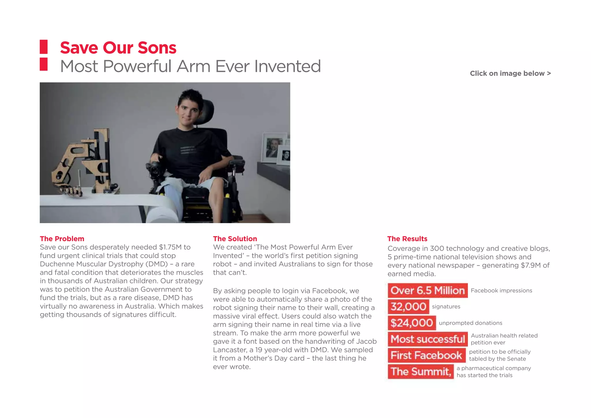 Save Our Sons
Most Powerful Arm Ever Invented
Coverage in 300 technology and creative blogs,
5 prime-time national television shows and
every national newspaper – generating $7.9M of
earned media.
The Problem
Save our Sons desperately needed $1.75M to
fund urgent clinical trials that could stop
Duchenne Muscular Dystrophy (DMD) – a rare
and fatal condition that deteriorates the muscles
in thousands of Australian children. Our strategy
was to petition the Australian Government to
fund the trials, but as a rare disease, DMD has
virtually no awareness in Australia. Which makes
getting thousands of signatures difficult.
The Solution
We created ‘The Most Powerful Arm Ever
Invented’ – the world’s first petition signing
robot – and invited Australians to sign for those
that can’t.
By asking people to login via Facebook, we
were able to automatically share a photo of the
robot signing their name to their wall, creating a
massive viral effect. Users could also watch the
arm signing their name in real time via a live
stream. To make the arm more powerful we
gave it a font based on the handwriting of Jacob
Lancaster, a 19 year-old with DMD. We sampled
it from a Mother’s Day card – the last thing he
ever wrote.
The Results
Facebook impressions
signatures
unprompted donations
Australian health related
petition ever
petition to be officially
tabled by the Senate
a pharmaceutical company
has started the trials
Click on image below >
 