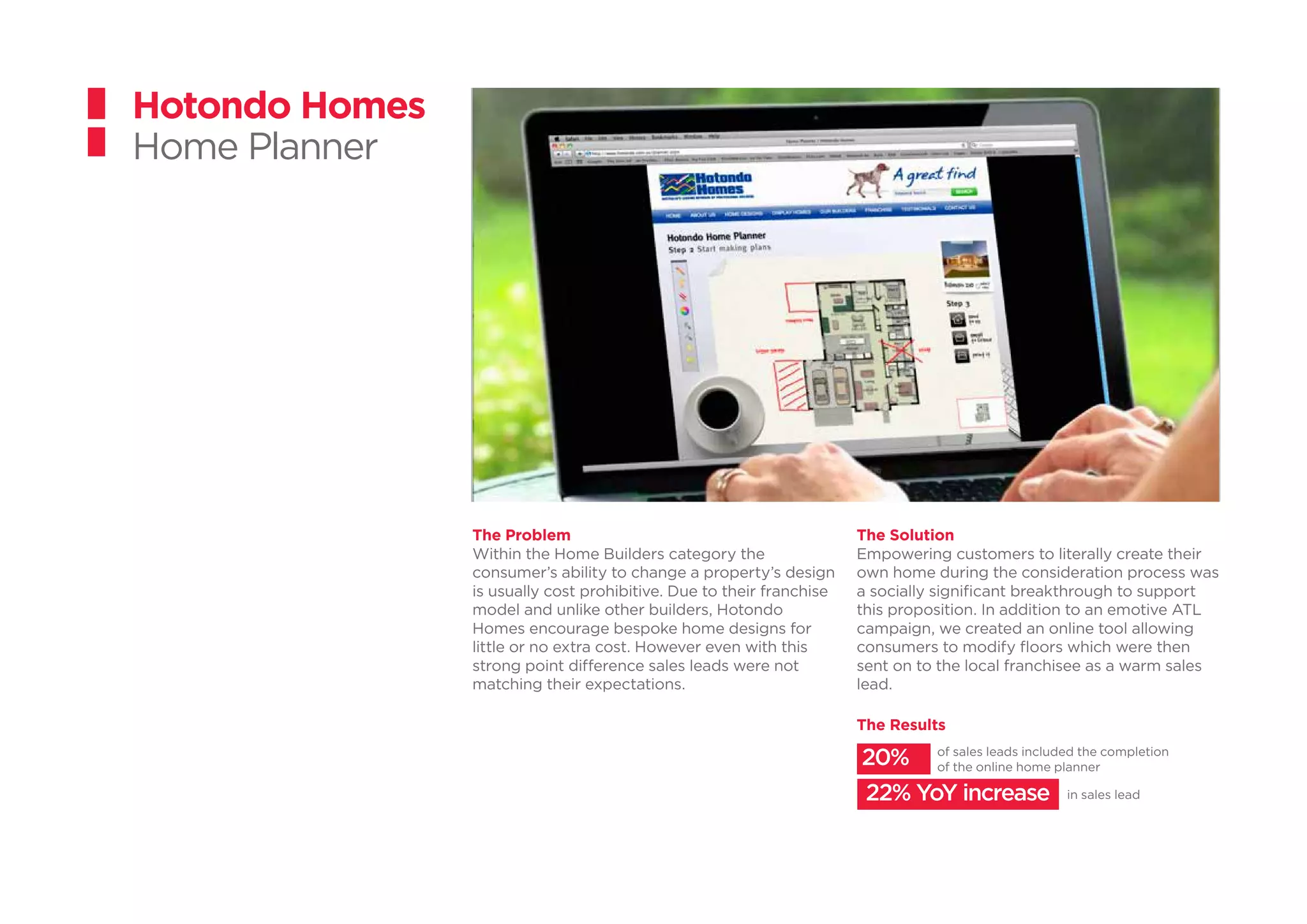 The Problem
Within the Home Builders category the
consumer’s ability to change a property’s design
is usually cost prohibitive. Due to their franchise
model and unlike other builders, Hotondo
Homes encourage bespoke home designs for
little or no extra cost. However even with this
strong point difference sales leads were not
matching their expectations.
Hotondo Homes
Home Planner
The Solution
Empowering customers to literally create their
own home during the consideration process was
a socially significant breakthrough to support
this proposition. In addition to an emotive ATL
campaign, we created an online tool allowing
consumers to modify floors which were then
sent on to the local franchisee as a warm sales
lead.
The Results
20% of sales leads included the completion
of the online home planner
in sales lead22% YoY increase
 