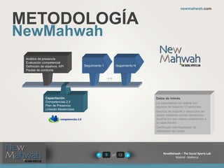 of 12
newmahwah.com
NewMahwah – The Social Xperts Lab
Madrid - Mallorca
9
METODOLOGÍA
NewMahwah
Análisis de presencia
Evaluación competencial
Definición de objetivos, KPI
Pautas de conducta
Capacitación
Competencias 2.0
Plan de Presencia
Linkedin Masterclass
…
Datos de interés
La capacitación se realiza con
equipos de máximo 12 personas.
Servicio de soporte y resolución de
dudas mediante correo electrónico
durante los tres meses posteriores a
la capacitación.
Certificado individualizado de
realización del curso.
Seguimiento NSeguimiento 1
 