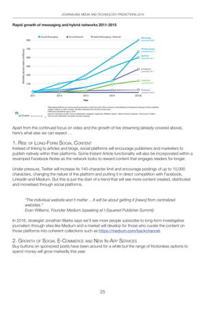 25
JOURNALISM, MEDIA AND TECHNOLOGY PREDICTIONS 2016
Rapid growth of messaging and hybrid networks 2011-2015
Apart from the continued focus on video and the growth of live streaming (already covered above),
here’s what else we can expect …
1. RiSe oF long-FoRM SoCiAl Content
Instead of linking to articles and blogs, social platforms will encourage publishers and marketers to
publish natively within their platforms. Some Instant Article functionality will also be incorporated within a
revamped Facebook Notes as the network looks to reward content that engages readers for longer.
Under pressure, Twitter will increase its 140-character limit and encourage postings of up to 10,000
characters, changing the nature of the platform and putting it in direct competition with Facebook,
LinkedIn and Medium. But this is just the start of a trend that will see more content created, distributed
and monetised through social platforms.
“The individual website won’t matter …It will be about getting it [news] from centralized
websites.”
Evan Williams, Founder Medium (speaking at I-Squared Publisher Summit)
In 2016, strategist Jonathan Marks says we’ll see more people subscribe to long-form investigative
journalism through sites like Medium and a market will develop for those who curate the content on
those platforms into coherent collections such as https://medium.com/backchannel.
2. gRoWth oF SoCiAl e-CoMMeRCe And neW in-App SeRViCeS
Buy buttons on sponsored posts have been around for a while but the range of frictionless options to
spend money will grow markedly this year.
 