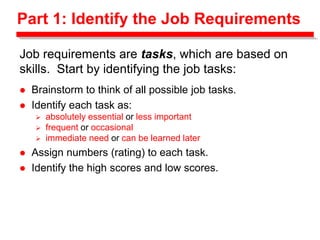 Part 1: Identify the Job Requirements
 Brainstorm to think of all possible job tasks.
 Identify each task as:
 absolutely essential or less important
 frequent or occasional
 immediate need or can be learned later
 Assign numbers (rating) to each task.
 Identify the high scores and low scores.
Job requirements are tasks, which are based on
skills. Start by identifying the job tasks:
 