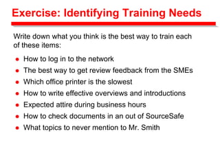 Exercise: Identifying Training Needs
 How to log in to the network
 The best way to get review feedback from the SMEs
 Which office printer is the slowest
 How to write effective overviews and introductions
 Expected attire during business hours
 How to check documents in an out of SourceSafe
 What topics to never mention to Mr. Smith
Write down what you think is the best way to train each
of these items:
 