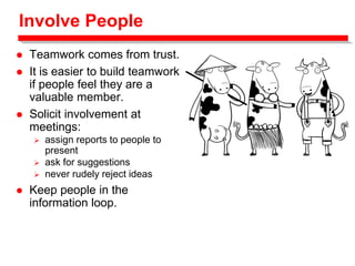 Involve People
 Teamwork comes from trust.
 It is easier to build teamwork
if people feel they are a
valuable member.
 Solicit involvement at
meetings:
 assign reports to people to
present
 ask for suggestions
 never rudely reject ideas
 Keep people in the
information loop.
 