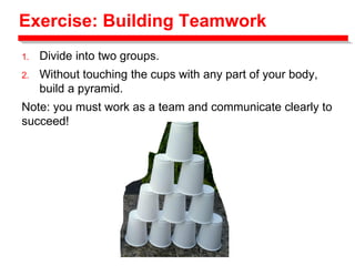 Exercise: Building Teamwork
1. Divide into two groups.
2. Without touching the cups with any part of your body,
build a pyramid.
Note: you must work as a team and communicate clearly to
succeed!
 