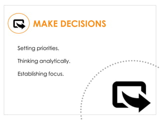 MAKE DECISIONS
Setting priorities.
Thinking analytically.
Establishing focus.
 