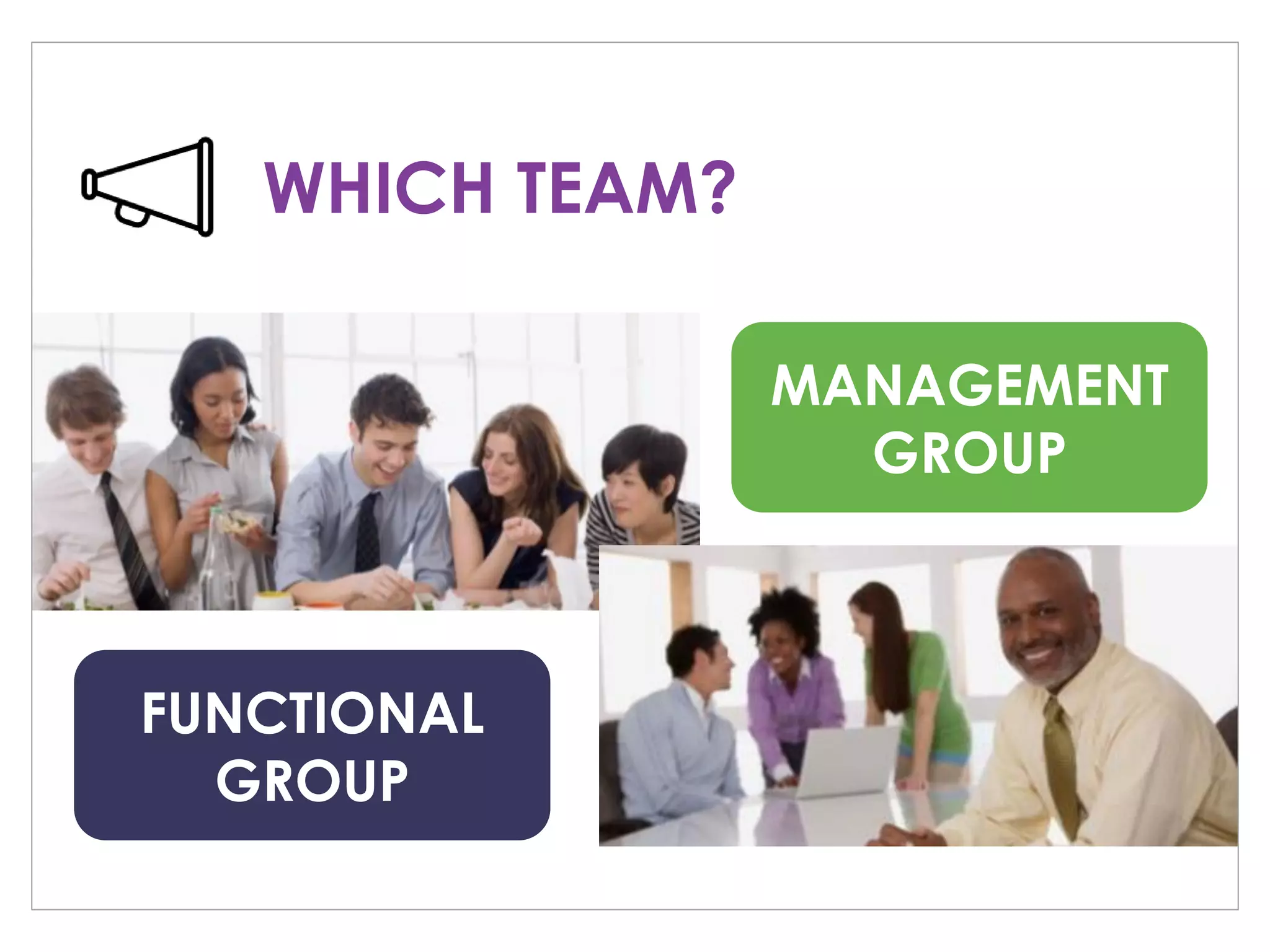 MANAGEMENT
GROUP
FUNCTIONAL
GROUP
WHICH TEAM?
 