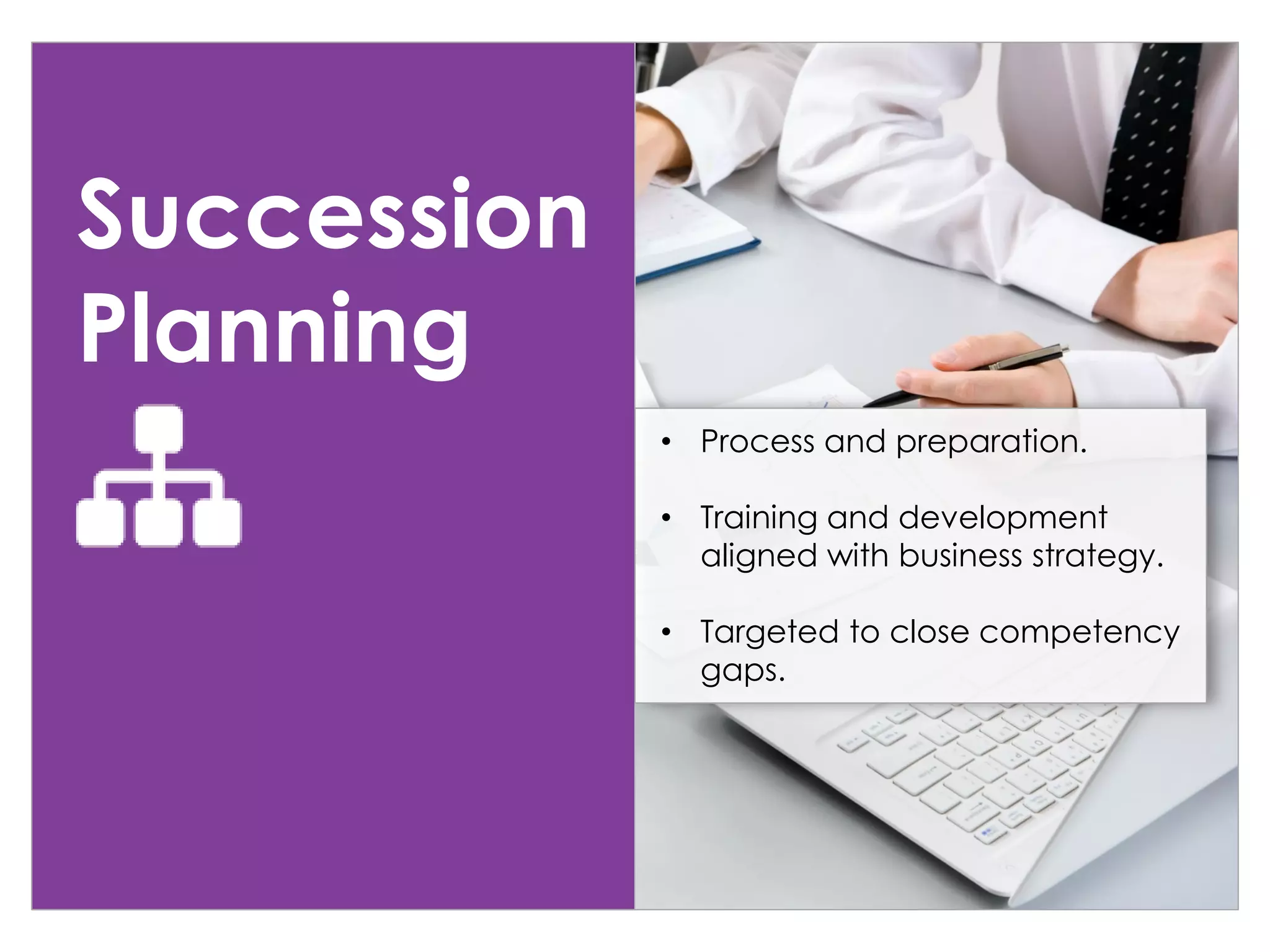Succession
Planning
• Process and preparation.
• Training and development
aligned with business strategy.
• Targeted to close competency
gaps.
 