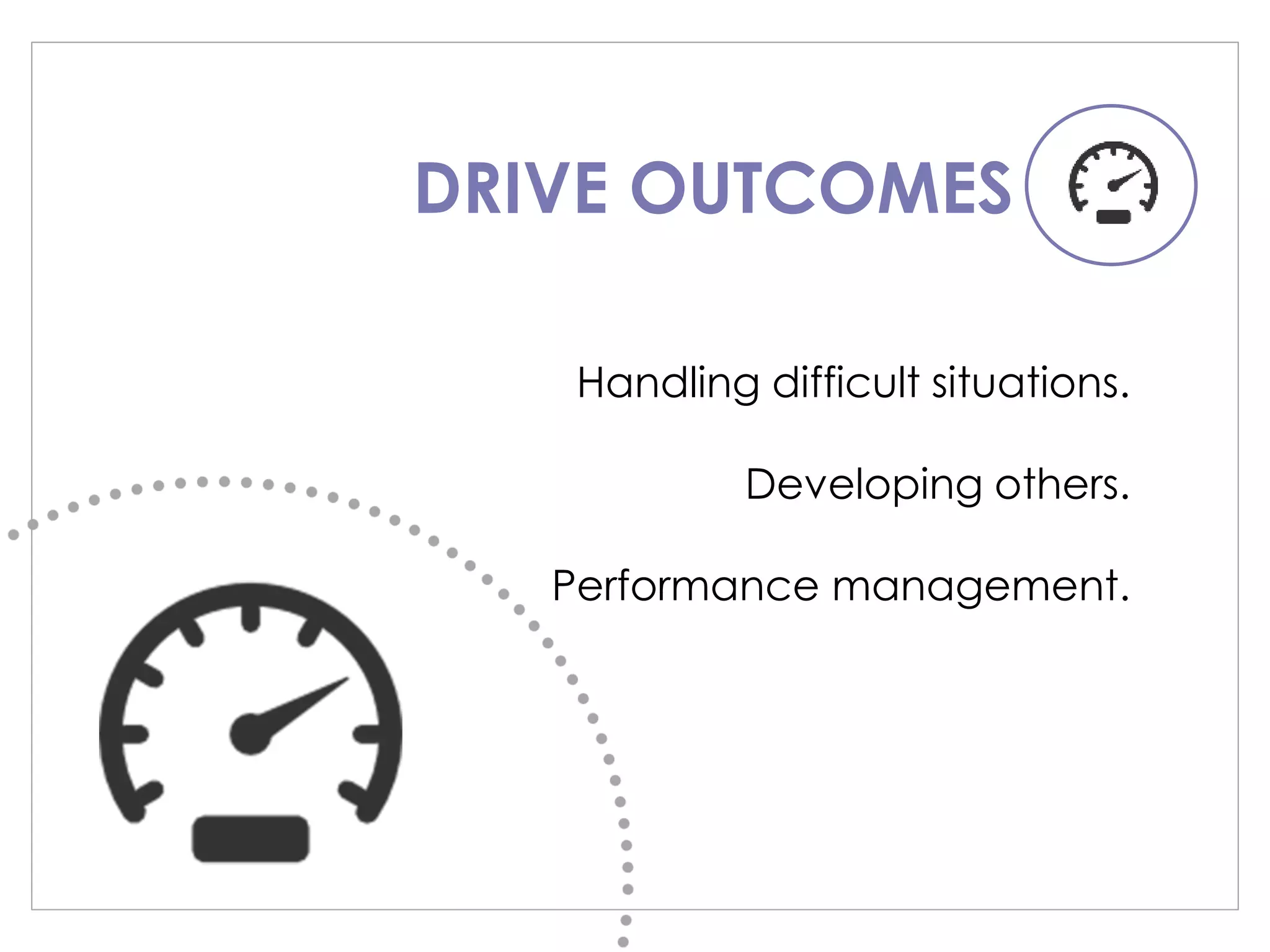 DRIVE OUTCOMES
Handling difficult situations.
Developing others.
Performance management.
 