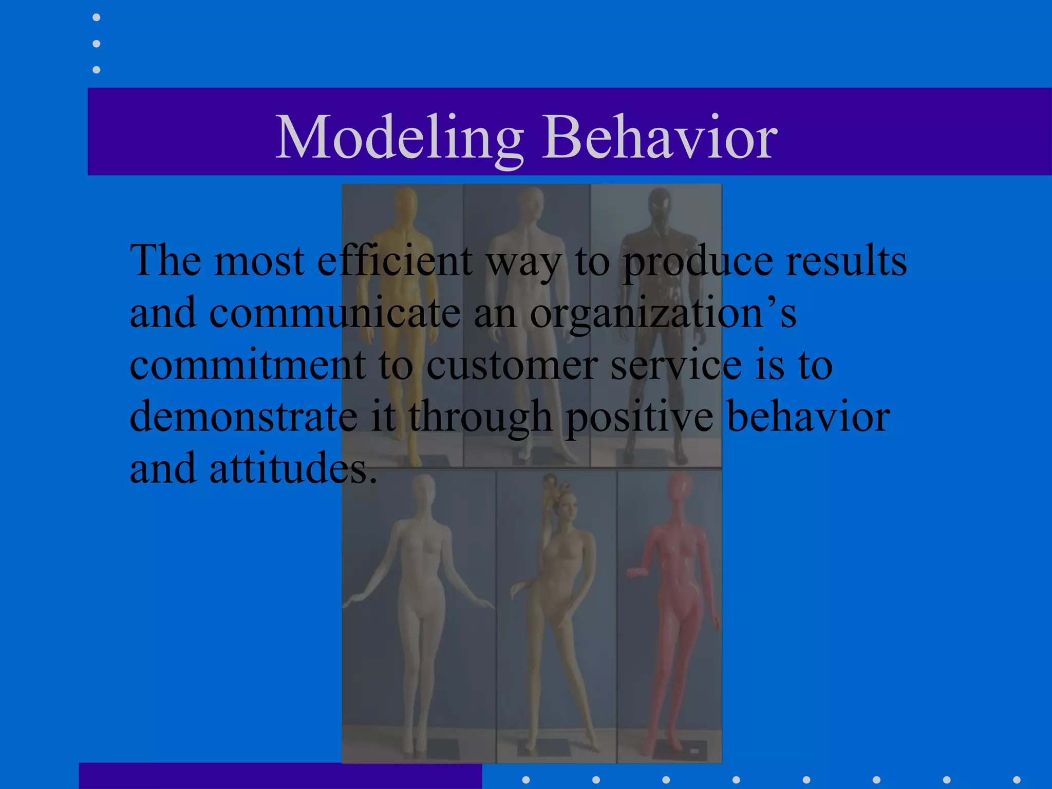 Modeling Behavior The most efficient way to produce results and communicate an organization’s commitment to customer service is to demonstrate it through positive behavior and attitudes. 