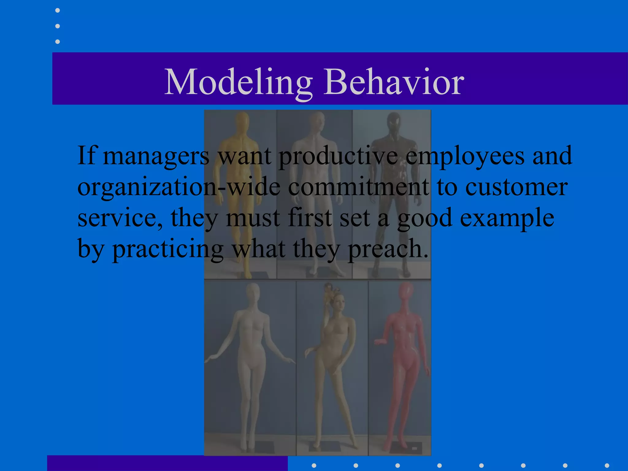 Modeling Behavior If managers want productive employees and organization-wide commitment to customer service, they must first set a good example by practicing what they preach. 