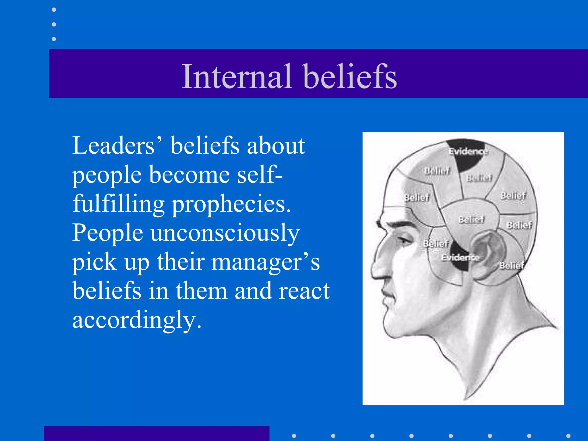 Internal beliefs  Leaders’ beliefs about people become self-fulfilling prophecies. People unconsciously pick up their manager’s beliefs in them and react accordingly. 