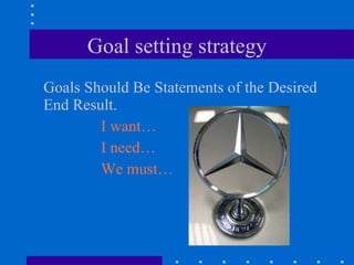 Goal setting strategy Goals Should Be Statements of the Desired End Result. I want… I need… We must… 