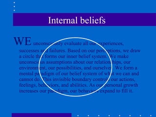 Internal beliefs  WE   unconsciously evaluate all our experiences, successes and failures. Based on our perceptions, we draw a circle that forms our inner belief system. We make unconscious assumptions about our relationships, our environment, our possibilities, and ourselves. We form a mental paradigm of our belief system of what we can and cannot do. This invisible boundary controls our actions, feelings, behaviors, and abilities. As our personal growth increases our paradigm, our behaviors expand to fill it. 