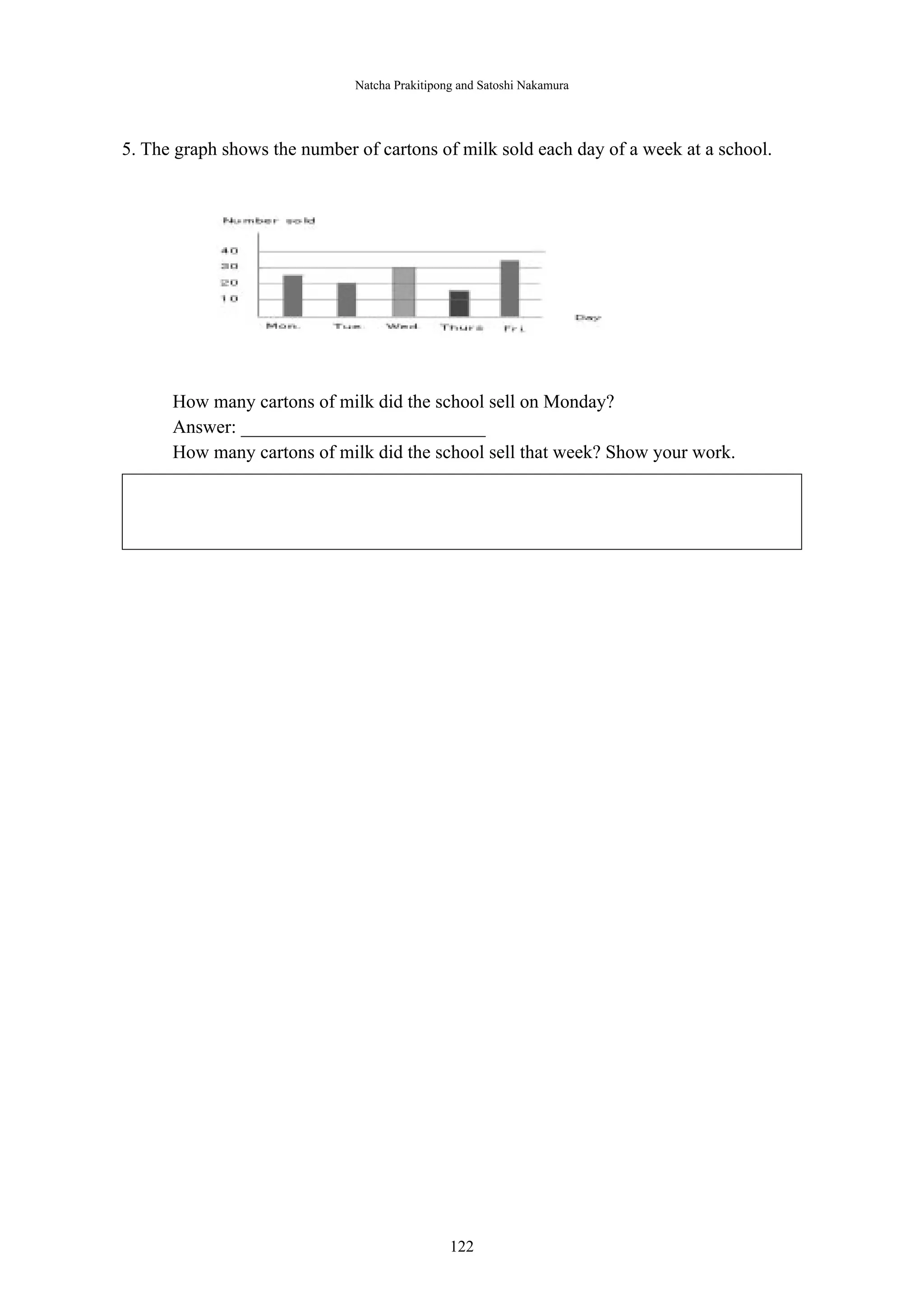 Natcha Prakitipong and Satoshi Nakamura 
5. The graph shows the number of cartons of milk sold each day of a week at a school. 
How many cartons of milk did the school sell on Monday? 
Answer: __________________________ 
How many cartons of milk did the school sell that week? Show your work. 
－ 122 － 
