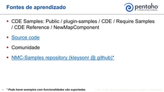  CDE Samples: Public / plugin-samples / CDE / Require Samples
/ CDE Reference / NewMapComponent
 Source code
 Comunidade
 NMC-Samples repository (kleysonr @ github)*
Fontes de aprendizado
* Pode haver exemplos com funcionalidades não suportadas
 
