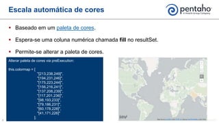  Baseado em um paleta de cores.
 Espera-se uma coluna numérica chamada fill no resultSet.
 Permite-se alterar a paleta de cores.
Escala automática de cores
Alterar paleta de cores via preExecution:
this.colormap = [
"[213,238,249]",
"[194,231,246]",
"[175,223,244]",
"[156,216,241]",
"[137,208,239]",
"[117,201,236]",
"[98,193,233]",
"[79,186,231]",
"[60,178,228]",
"[41,171,226]"
];
 