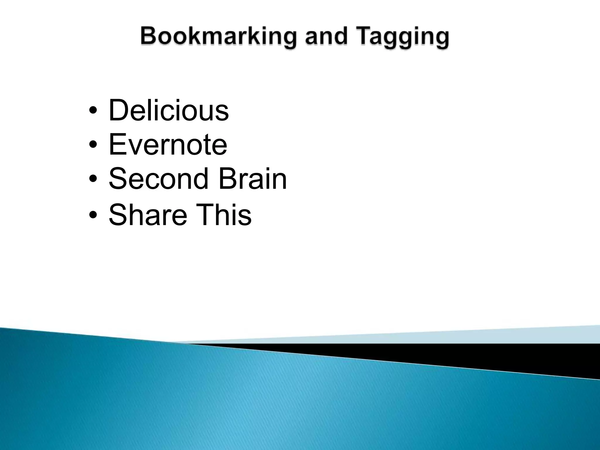 So many apps. So little time.Let&apos;s look at some of the popular and some of the lesser known tools in web 2.0. We will look at three categories. Keep in mind that there can be a great deal of overlap in these categories.Categories:Bookmarking and Tagging
