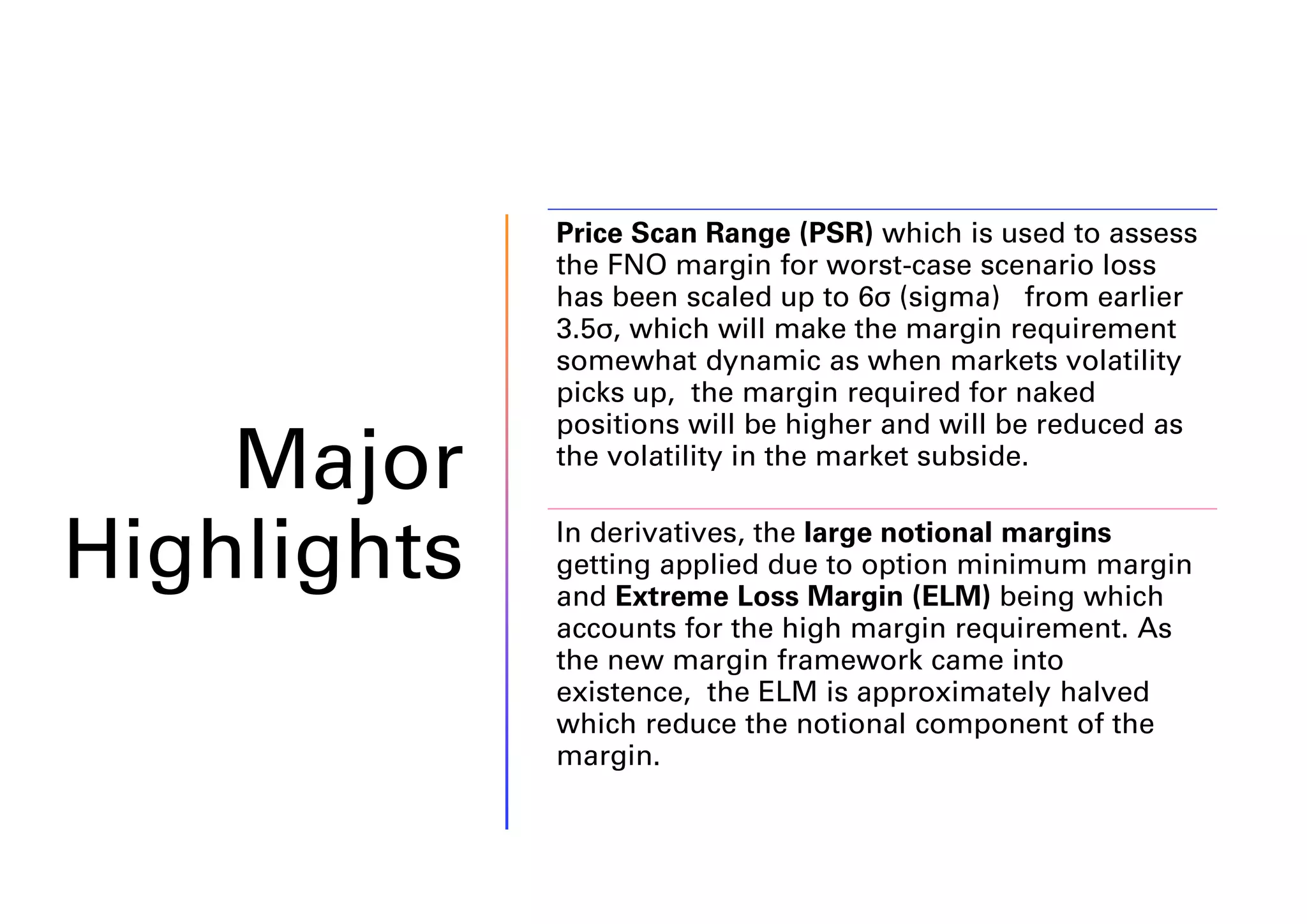 www.optionhydra.com
Major
Highlights
Price Scan Range (PSR) which is used to assess
the FNO margin for worst-case scenario loss
has been scaled up to 6σ (sigma) from earlier
3.5σ, which will make the margin requirement
somewhat dynamic as when markets volatility
picks up, the margin required for naked
positions will be higher and will be reduced as
the volatility in the market subside.
In derivatives, the large notional margins
getting applied due to option minimum margin
and Extreme Loss Margin (ELM) being which
accounts for the high margin requirement. As
the new margin framework came into
existence, the ELM is approximately halved
which reduce the notional component of the
margin.
 