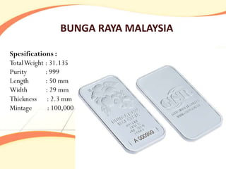 BUNGA RAYA MALAYSIA

Spesifications :
Total Weight : 31.135
Purity       : 999
Length       : 50 mm
Width        : 29 mm
Thickness : 2.3 mm
Mintage       : 100,000
 