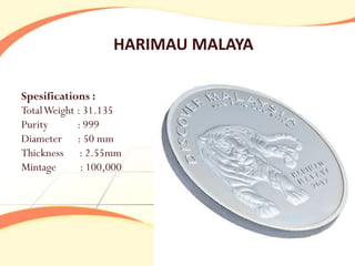 HARIMAU MALAYA

Spesifications :
Total Weight : 31.135
Purity       : 999
Diameter : 50 mm
Thickness : 2.55mm
Mintage       : 100,000
 