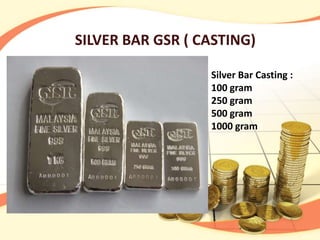 SILVER BAR GSR ( CASTING)

                  Silver Bar Casting :
                  100 gram
                  250 gram
                  500 gram
                  1000 gram
 