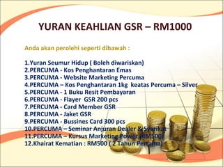 YURAN KEAHLIAN GSR – RM1000
Anda akan perolehi seperti dibawah :

1.Yuran Seumur Hidup ( Boleh diwariskan)
2.PERCUMA - Kos Penghantaran Emas
3.PERCUMA - Website Marketing Percuma
4.PERCUMA – Kos Penghantaran 1kg keatas Percuma – Silver
5.PERCUMA - 1 Buku Resit Pembayaran
6.PERCUMA - Flayer GSR 200 pcs
7.PERCUMA - Card Member GSR
8.PERCUMA - Jaket GSR
9.PERCUMA - Bussines Card 300 pcs
10.PERCUMA – Seminar Anjuran Dealer & Syarikat
11.PERCUMA – Kursus Marketing Power (RM500)
12.Khairat Kematian : RM500 ( 2 Tahun Pertama)
 