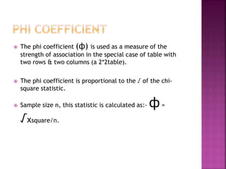 

The phi coefficient (ф) is used as a measure of the
strength of association in the special case of table with
two rows & two columns (a 2*2table).



The phi coefficient is proportional to the √ of the chisquare statistic.



Sample size n, this statistic is calculated as:-

√χsquare/n.

ф=

 