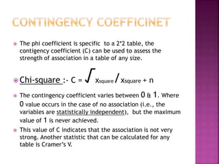 

The phi coefficient is specific to a 2*2 table, the
contigency coefficient (C) can be used to assess the
strength of association in a table of any size.

 Chi-square




:- C =

√

/

χsquare χsquare + n

The contingency coefficient varies between 0 & 1. Where
0 value occurs in the case of no association (i.e., the
variables are statistically independent), but the maximum
value of 1 is never achieved.
This value of C indicates that the association is not very
strong. Another statistic that can be calculated for any
table is Cramer’s V.

 
